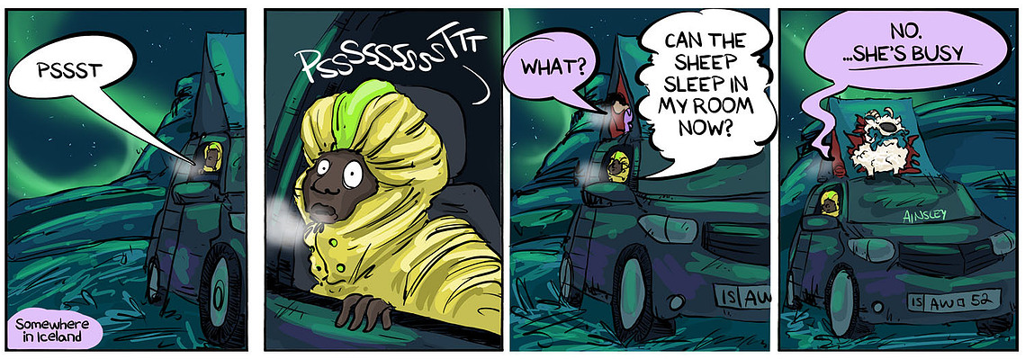 Globetrotter comic strip #675: Chloe and Ferrari's mischievous sheep has chewed through their rooftop tent. A hilarious situation in Ainsley Ashby's series.
