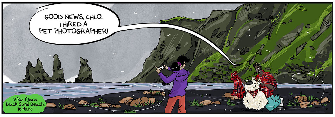 Globetrotter comic strip #689: Chloe takes a landscape photo while Ferrari and the sheep prepare for a family photo shoot. A humorous scene by Ainsley Ashby.