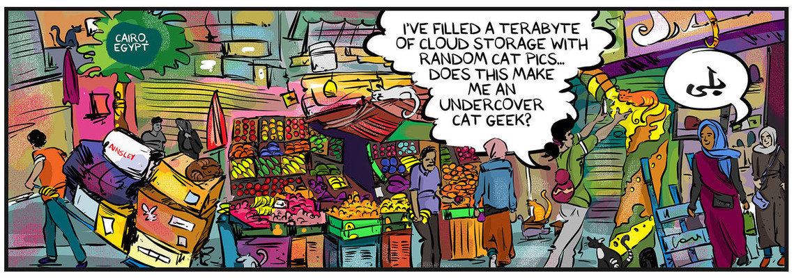 Globetrotter comic #455: Chloe explores a Cairo market, contemplating a photo of a stray cat. This simple scene captures the unique Egyptian lifestyle, showcasing everyday moments in Ainsley Ashby's series.
