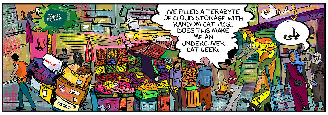Globetrotter comic #455: Chloe explores a Cairo market, contemplating a photo of a stray cat. This simple scene captures the unique Egyptian lifestyle, showcasing everyday moments in Ainsley Ashby's series.