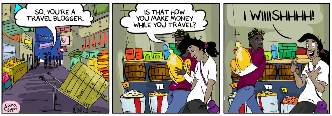 Globetrotter comic strip #545: Chloe and Ferrari reunite in Cairo's vibrant night market. This exciting moment captures the spirit of adventure and friendship in Ainsley Ashby's series.
