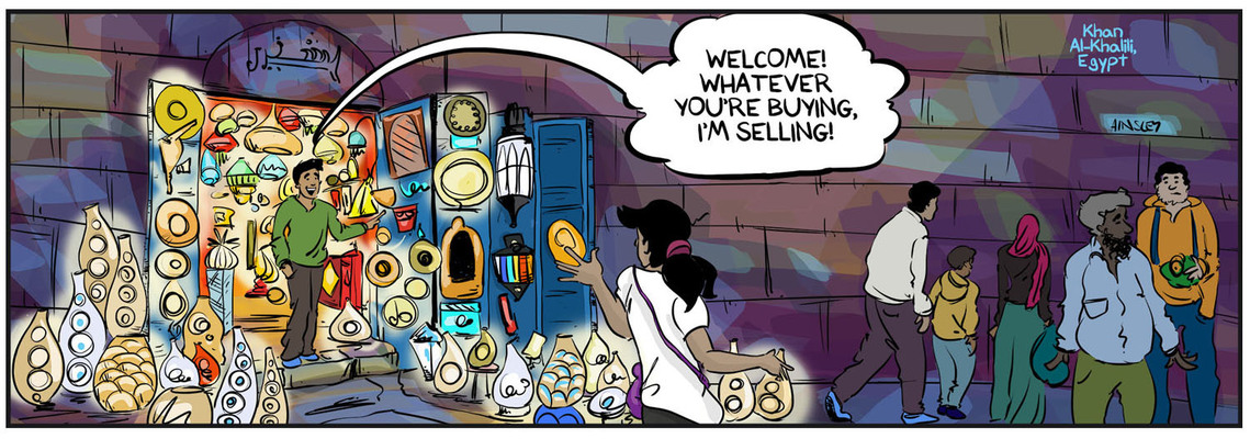 Globetrotter comic strip #534: Chloe is invited into a Cairo night market shop. The beautiful setting creates a captivating scene in Ainsley Ashby's series.