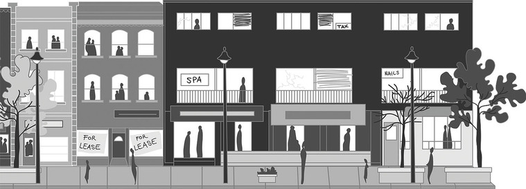 Grayscale illustration of Yonge Street in the 1980s, capturing the bustling street life, shopping centers, and overall vibe of the era. Used for real estate presentations and marketing.