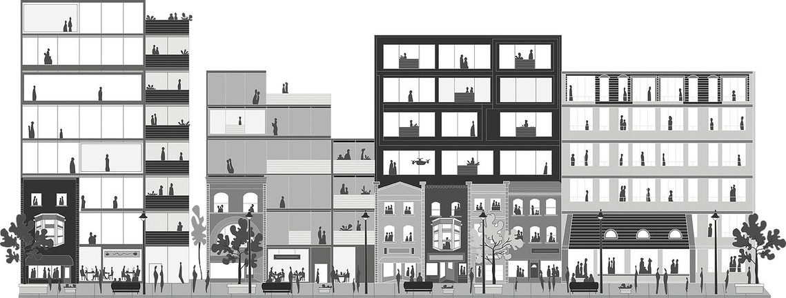 Black and white vector illustration of a futuristic Yonge Street, featuring diverse dwellings and multipurpose buildings. Depicts a bustling street scene with families and residents. Used for marketing and advertising purposes.