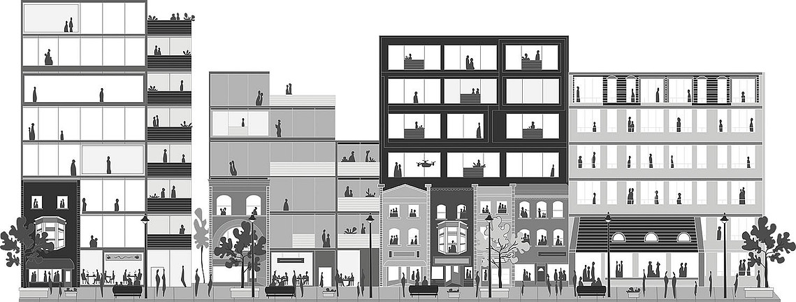 Black and white vector illustration of a futuristic Yonge Street, featuring diverse dwellings and multipurpose buildings. Depicts a bustling street scene with families and residents. Used for marketing and advertising purposes.