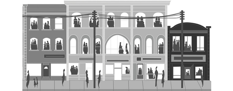 Grayscale vector illustration of Yonge Street’s historic buildings from the 1960s, used for professional development and impact studies.
