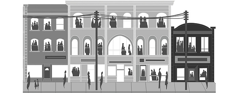 Grayscale vector illustration of Yonge Street’s historic buildings from the 1960s, used for professional development and impact studies.
