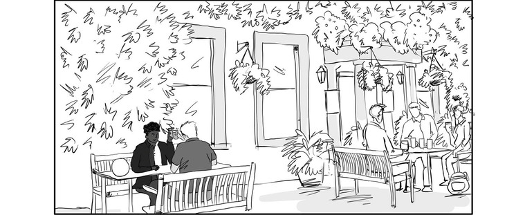 A black and white illustration of two friends enjoying a pint at a pub, perfect for a Ben Sherman storyboard. This image showcases the brand’s classic British style and relaxed atmosphere.
