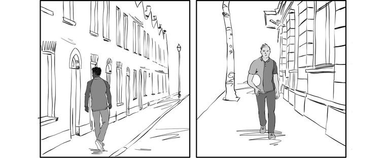 A black and white split-screen illustration, part of a storyboard showcasing Ben Sherman's men's line. Two men walk down London's streets, heading towards a meeting. This dynamic image captures the brand's urban style and modern lifestyle.