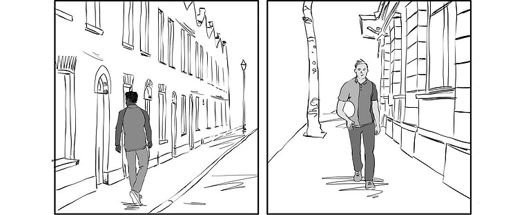 A black and white split-screen illustration, part of a storyboard showcasing Ben Sherman's men's line. Two men walk down London's streets, heading towards a meeting. This dynamic image captures the brand's urban style and modern lifestyle.