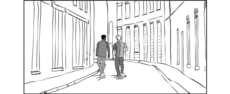 A black and white storyboard illustration of two men walking down a street after a football game. The ink-drawn background contrasts with the detailed foreground, showcasing the men's clothing features. Perfect for fashion illustration and advertising.