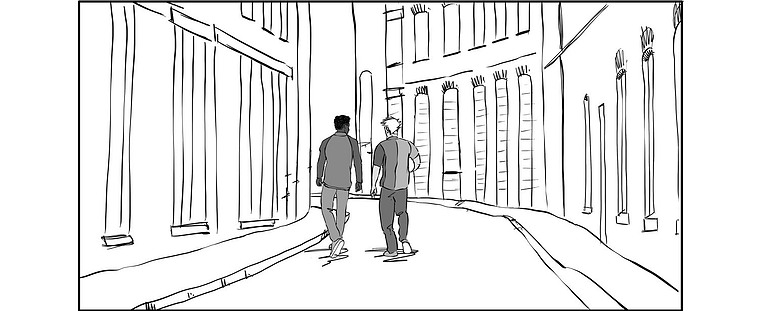 A black and white storyboard illustration of two men walking down a street after a football game. The ink-drawn background contrasts with the detailed foreground, showcasing the men's clothing features. Perfect for fashion illustration and advertising.