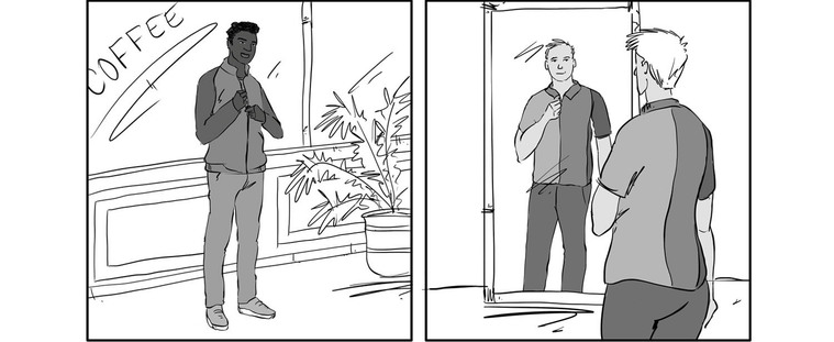 Black and white storyboard illustrations, telling a relatable story for Ben Sherman's latest clothing line. This visual sequence effectively showcases the brand's style and versatility in everyday life.