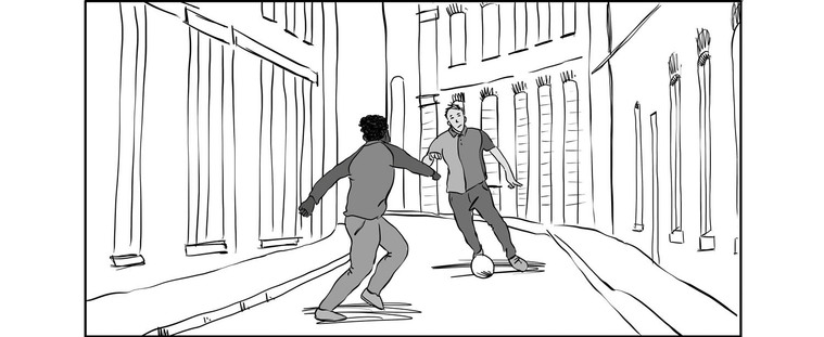 A black and white sketch for a Ben Sherman storyboard, featuring two guys playing football on a deserted London street. This fusion illustration captures the brand's energetic and urban style, perfect for advertising campaigns.