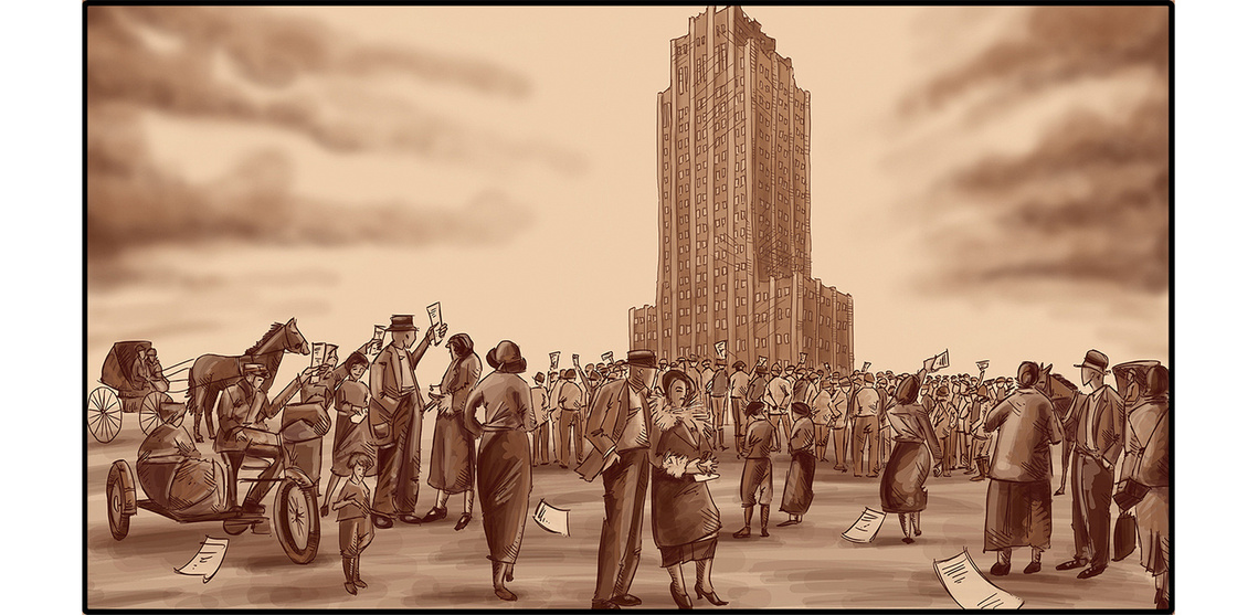 A sepia-toned illustration of an old-world street scene, filled with people, newspapers, and horse-drawn buggies. Perfect for the Toronto Star, capturing the city's rich history and timeless appeal.