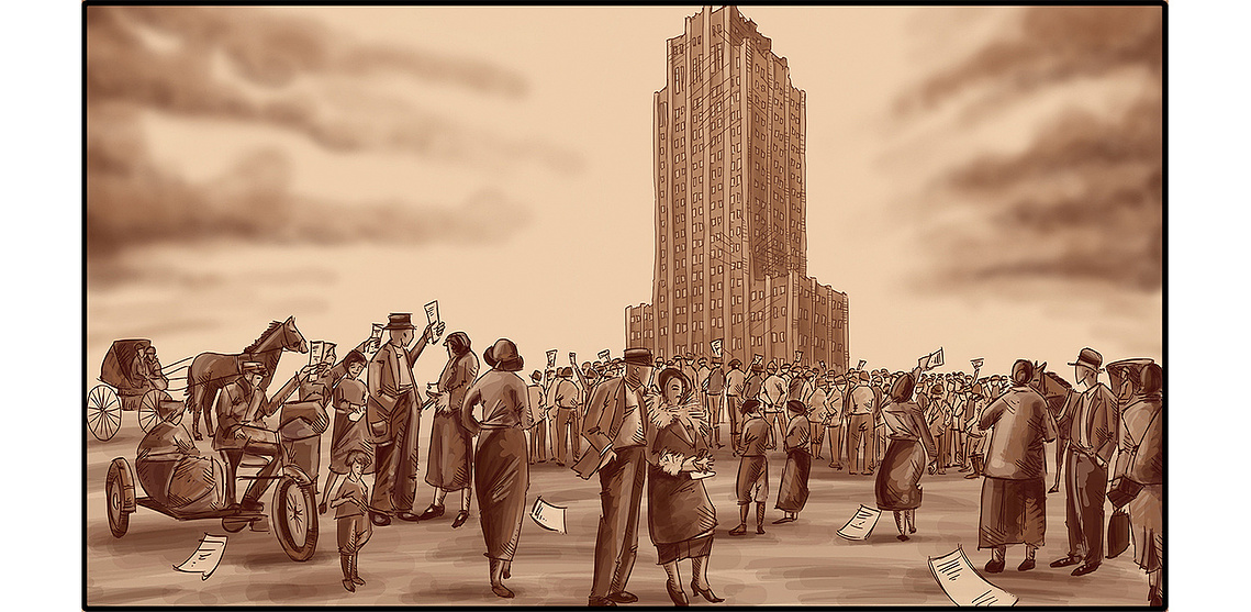 A sepia-toned illustration of an old-world street scene, filled with people, newspapers, and horse-drawn buggies. Perfect for the Toronto Star, capturing the city's rich history and timeless appeal.