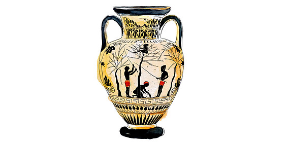 Watercolor and ink illustration of a vase featuring an ancient Egyptian-inspired scene. Depicted on the vase are early settlers climbing trees and gathering olives in a lush forest. This intricate artwork showcases the beauty of nature and the historical 