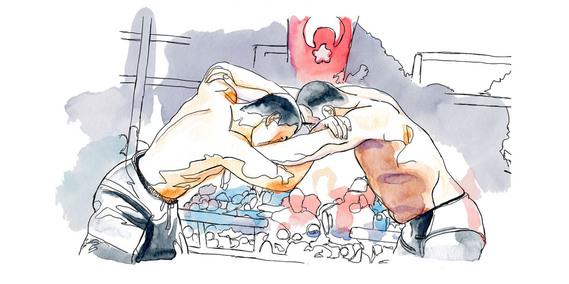Watercolor painting of two wrestlers in Turkey, capturing the cultural heritage and origins of olive oil. The artwork blends tradition and history, illustrating a vibrant scene rooted in Turkish customs.