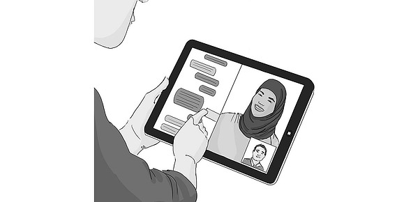 Black and white storyboard illustration highlighting Liberty Mutual's commitment to diversity. Depicts clients and customer service reps interacting seamlessly through an iPad app.