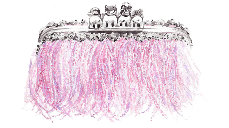 A stunning fashion watercolor illustration of a McQueen purse crafted from delicate feathers in a captivating pink hue. This exquisite design is intended to captivate international attention and is ideal for promoting, advertising, and marketing purposes.