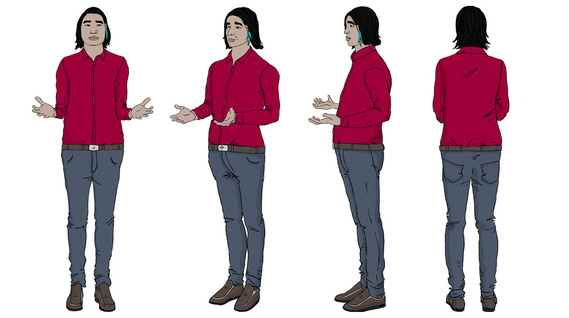 A First Nations man is depicted in a 360-degree illustration, showcasing a variety of emotions and perspectives. His facial expressions and body language highlight effective communication and character development, making him a valuable resource for train