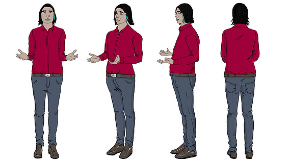 Illustration of a First Nations man expressing joy through expressive arm gestures and a 360-degree view. Visualize effective communication and cultural understanding