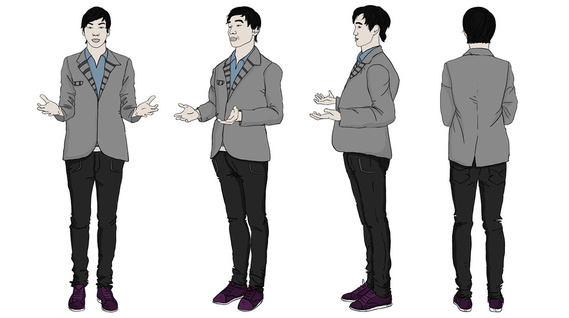  An Asian man is depicted in a 360-degree illustration, showcasing four distinct facial expressions and four different body languages. Ideal for training manuals, highlighting effective communication and character development.
