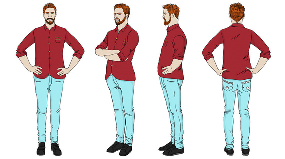 A white man is depicted in a 360-degree illustration, showcasing four distinct facial expressions. Ideal for training manuals, highlighting effective communication and character development.