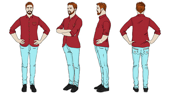 A white man is depicted in a 360-degree illustration, showcasing a variety of emotions and perspectives. His facial expressions and body language highlight effective communication and character development, making him a valuable resource for training manu