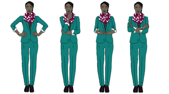 An African American woman is depicted in four separate illustrations, showcasing a variety of emotions and body language. Ideal for training manuals, highlighting effective communication and character development.