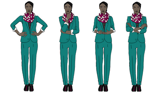 Illustration of an African American woman expressing various emotions through four distinct poses. Visualize effective communication and body language.