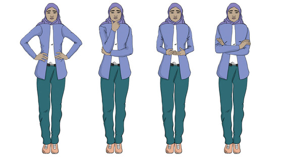 A Middle Eastern woman is depicted in four separate illustrations, showcasing a variety of emotions and body language. Ideal for training manuals, highlighting effective communication and character development.