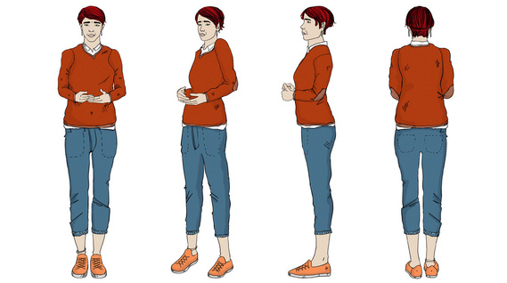 A gender-neutral person is depicted in four separate illustrations, showcasing a variety of emotions and body language. Ideal for training manuals, highlighting effective communication and character development.