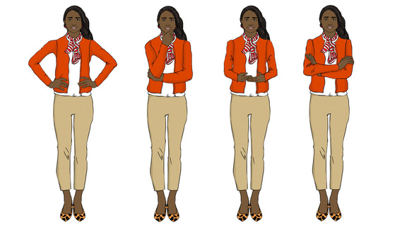 An Indian woman is depicted in four separate illustrations, showcasing a variety of emotions and body language. Ideal for training manuals, highlighting effective communication and character development.
