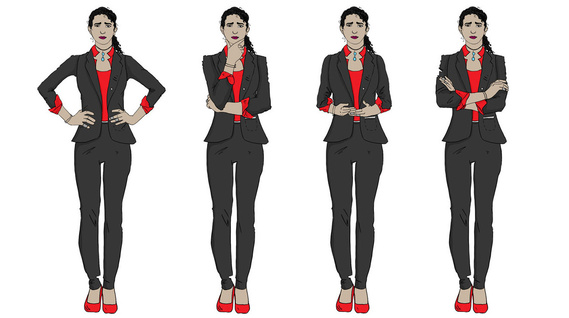 A Latin American woman is depicted in four separate illustrations, showcasing a variety of emotions and body language. Ideal for training manuals, highlighting effective communication and character development.
