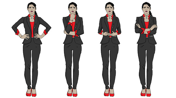  A Latina woman showcases a range of emotions in a dynamic, internal training manual. Her expressive facial expressions and body language highlight effective communication and character development.
