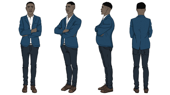  A 360-degree illustration of an African American man, showcasing diverse emotions and perspectives. Ideal for training manuals, highlighting effective communication and character development.