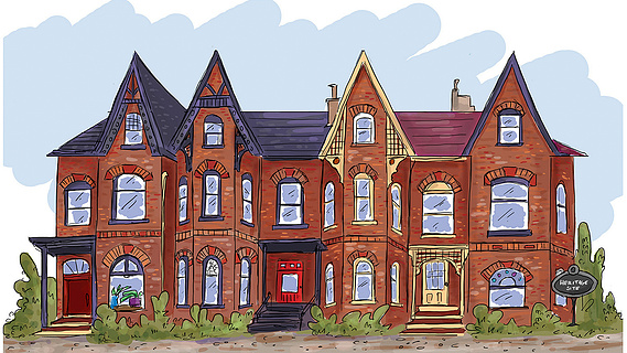 A vibrant historical homes illustration for the Toronto Star editorial, showcasing the city's rich heritage. This detailed piece, inked and colored with precision, captures the essence of Toronto's past.