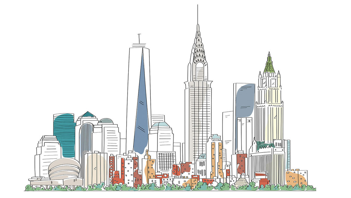 A vibrant vector illustration of the NYC skyline, featuring iconic buildings and harmonious green spaces. This unique design is perfect for a fashion apparel shirt, celebrating the city's architectural beauty and commitment to sustainability.