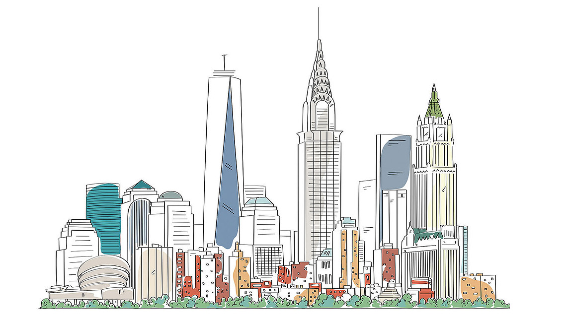 A vibrant vector illustration of the NYC skyline, featuring iconic buildings and harmonious green spaces. This unique design is perfect for a fashion apparel shirt, celebrating the city's architectural beauty and commitment to sustainability.