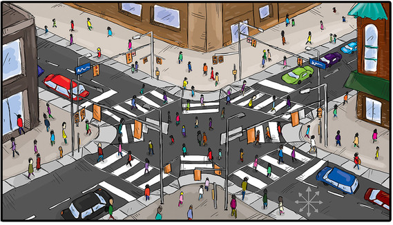A vibrant digital illustration of Toronto's bustling downtown core, showcasing smart intersections and pedestrians navigating the busy streets. This piece is perfect for the Toronto Star, exploring urban planning and technology in a visually engaging way.