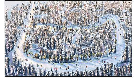 An editorial illustration of Arrowhead Provincial Park in Ontario, Canada, featuring a skating rink and newspapers. This captivating image explores the intersection of nature, technology, and media, perfect for publishing and AI-focused content.