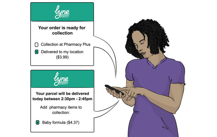 A storyboard illustration of a customer quickly adding last-minute items to their cart using the Lynn Direct app. This highlights the convenience and efficiency of the new delivery service, making it perfect for busy shoppers.