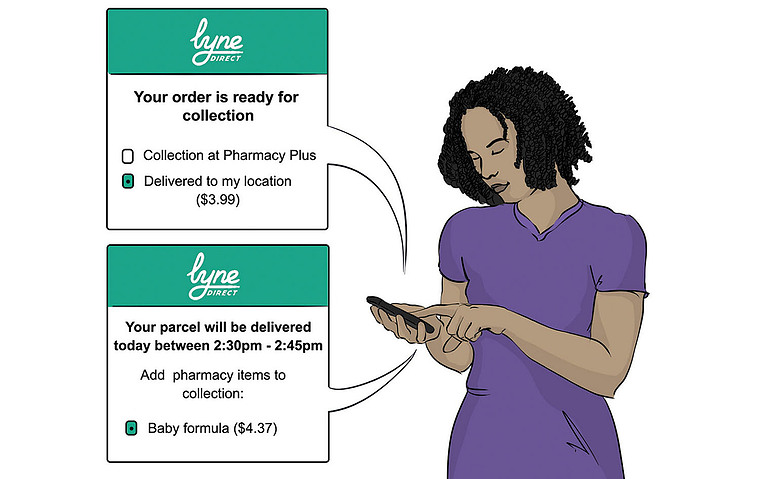 A storyboard illustration of a customer quickly adding last-minute items to their cart using the Lynn Direct app. This highlights the convenience and efficiency of the new delivery service, making it perfect for busy shoppers.