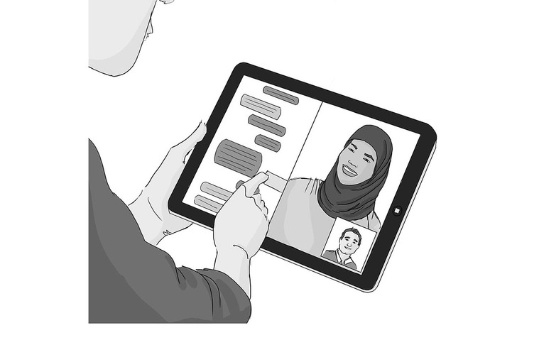 A diverse storyboard illustration for Liberty Mutual, showcasing a person navigating their new app and online platform. This visual highlights the company's commitment to inclusivity and cutting-edge technology development.