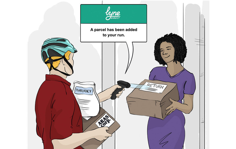 A storyboard illustration of a delivery man scanning a return package using a new tech app. This real-time process highlights the efficiency and convenience of modern delivery services, making it perfect for marketing and promotional purposes.