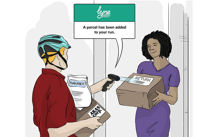 A storyboard illustration of a delivery man scanning a return package using a new tech app. This real-time process highlights the efficiency and convenience of modern delivery services, making it perfect for marketing and promotional purposes.