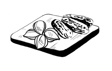 Black and white linocut illustration of onions and pickles on a wooden board, featured on a restaurant menu. Distinctive product illustration.