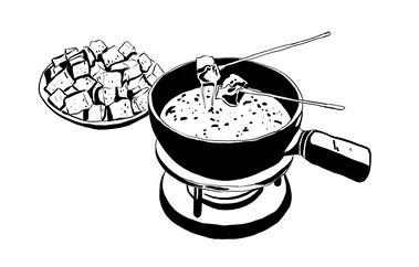 Black and white illustration of fondue, featured on the restaurant menu. Used for marketing and advertising purposes.
