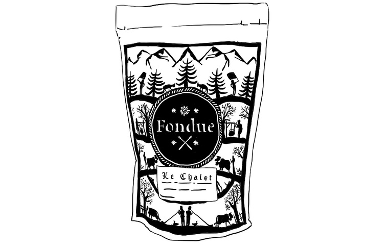 Detailed black and white product illustration for a Swiss restaurant. Used for marketing and advertising.